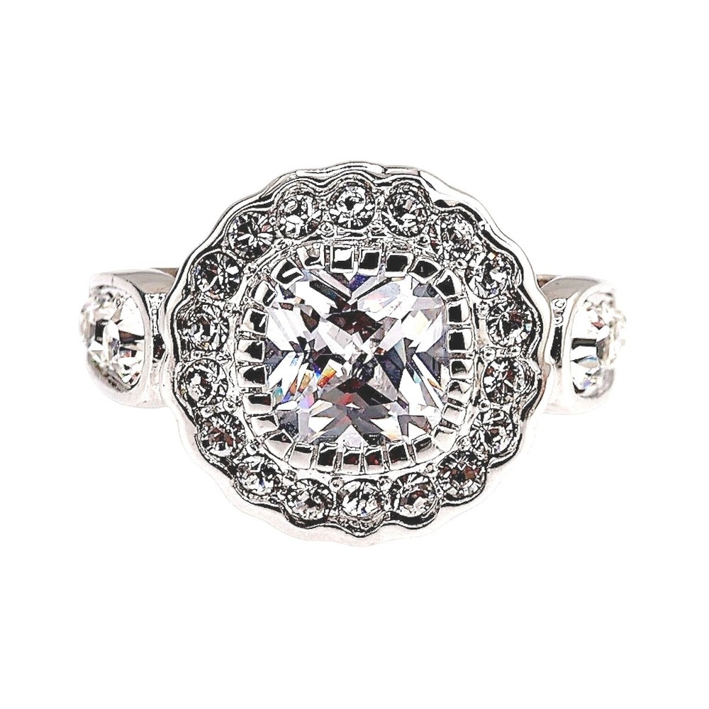 Swarovski Elements Filigree Scalloped Halo Crystal Ring Silver Tone Size 7 New